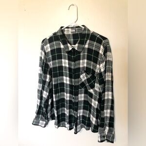 Garage Forest Green and White Checkered Plaid Button Up Shirt 100% Viscose Soft